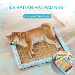 Breathable Pet Puppy Cooling Mat Bed Summer Protection Cervical Spine Cat Dog Ice Mat Square Rattan Kennel Supplies (Color: pink, size: 40cm*30cm*7cm)