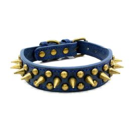 Pet Retro Studded Spiked Rivet  Leather Collars Harnesses (Color: Blue, size: L)